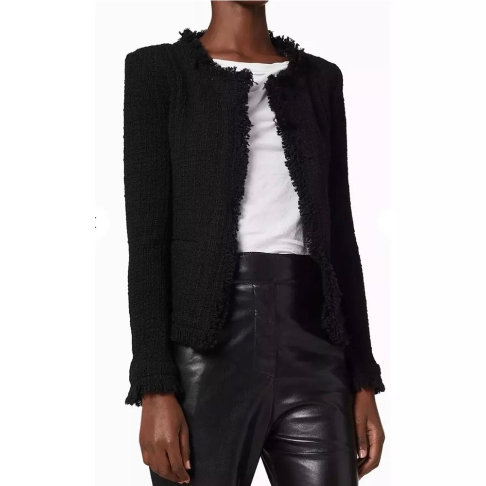 IRO Aley Tweed Blazer Jacket Black Fringe Textured Open Front Collarless